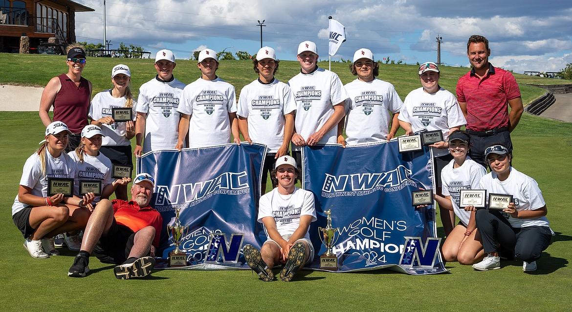 North Idaho College men's and women's golf teams celebrate after each were victorious at the Northwest Athletic Conference championships Monday at Apple Tree Golf Course in Yakima, Wash. In the front row from left are Ava Young, Megan Quinton, assistant coach Russ Grove, Josh McCartain, Lauryn Bulger and Laila Jalil; and back row from left, assistant coach Brittany Pounds, Rien Solodan, Dyson Lish, Spence Matson, Jarett Giles, Quinn Abbott, Charlie Terwilliger, Sofia Lippiello and head coach Russell Grove.