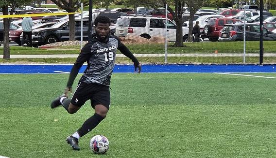 NIC ATHLETICS North Idaho College freshman defender Richard Bollanga kicks the ball up the field during a Region 18 men's soccer tournament match against Snow in Taylorsville, Utah, on Thursday. NIC fell to Snow 1-0.