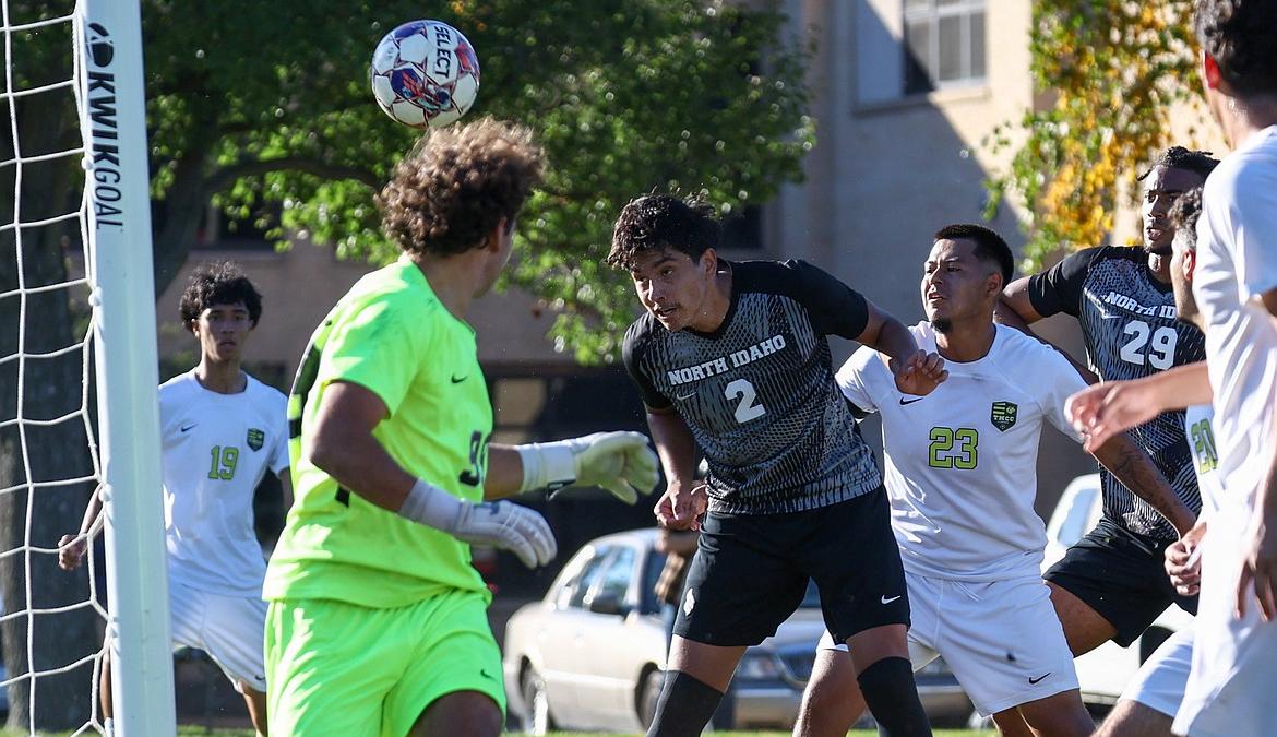 KYLE DISHAW PHOTOGRAPHY North Idaho College freshman midfielder Fabian Arguello heads the ball during Thursday's Scenic West Athletic Conference match against Truckee Meadows at Eisenwinter Field in Coeur d'Alene.