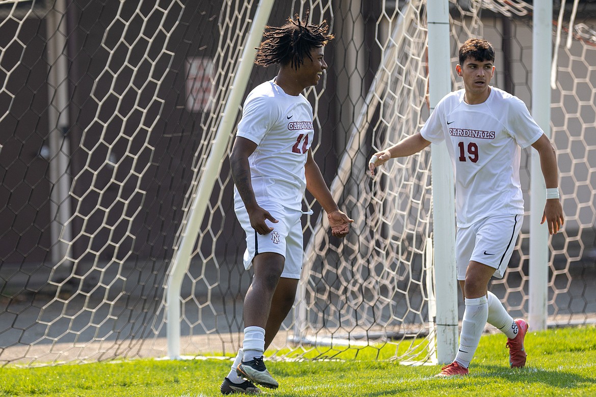 KYLE DISHAW PHOTOGRAPHY North Idaho College sophomore forward Isiah Ben celebrates after scoring a goal in the first half of Saturday's Scenic West Athletic Conference match against Colorado Northwestern at Eisenwinter Field.