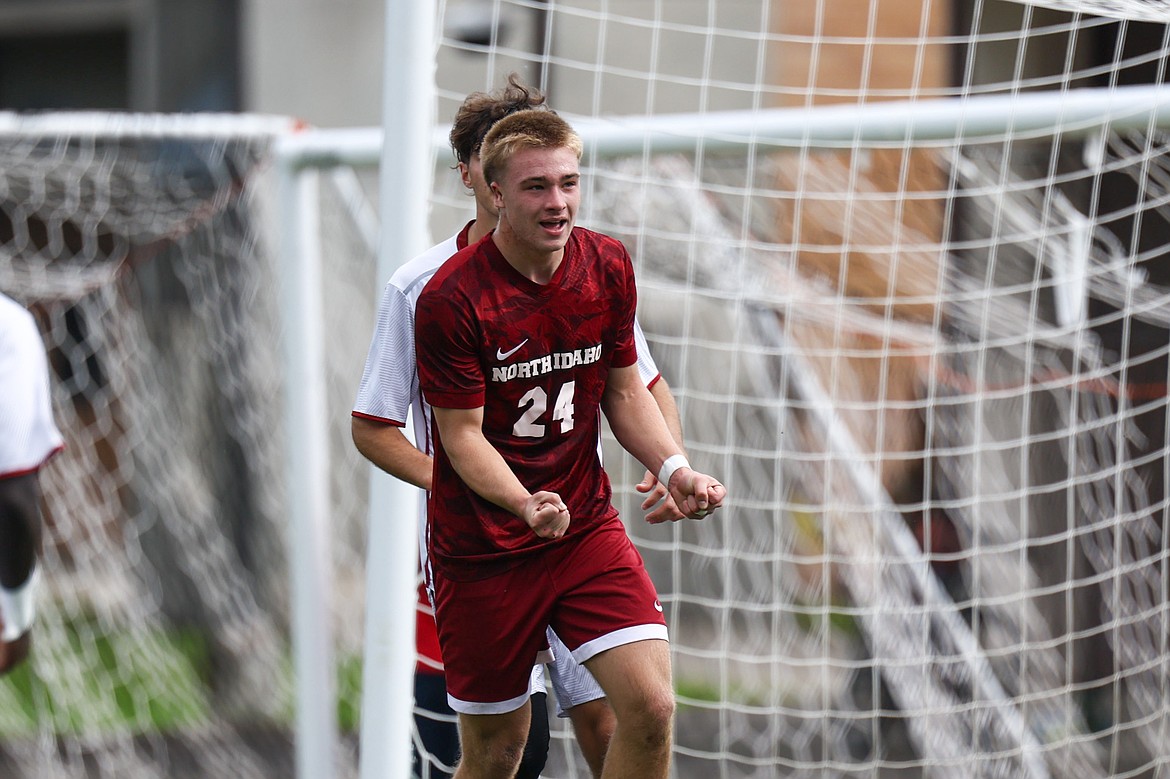 KYLE DISHAW PHOTOGRAPHY North Idaho College sophomore midfielder Judah Straight celebrates after scoring a goal during Saturday's Scenic West Athletic Conference match against Pacific Northwest Christian at Eisenwinter Field.