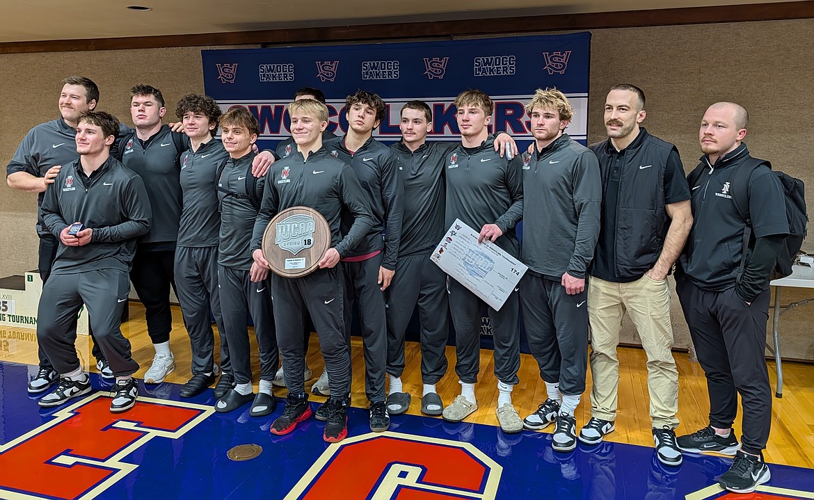 Courtesy photo The North Idaho College wrestling team finished second in the Region 18 Championships on Saturday at Southwestern Oregon Community College in Coos Bay, Ore. From left are assistant coach Cooper Thomas, Jackson Lougen, Ray Griffin, Joe Sullivan, Owen Pritchard, Seth Martin, Hoyt Hvass, Parker Ballantyne, Colton Tucker, Dylan Block, Colton Theobald, head coach Derrick Booth and assistant coach Bryce Parson.
