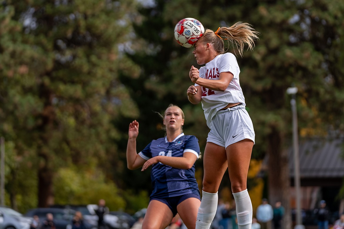 NIC ATHLETICS North Idaho College freshman midfielder Zoey Glenn heads the ball during the first half of Saturday's Scenic West Athletic Conference match against Utah State-Eastern at Eisenwinter Field.
