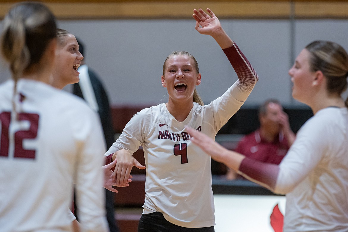 KYLE DISHAW PHOTOGRAPHY North Idaho College sophomore Morgan Claus celebrates after scoring a point during Saturday's Scenic West Athletic Conference opener against College of Southern Idaho at Christianson Gymnasium.