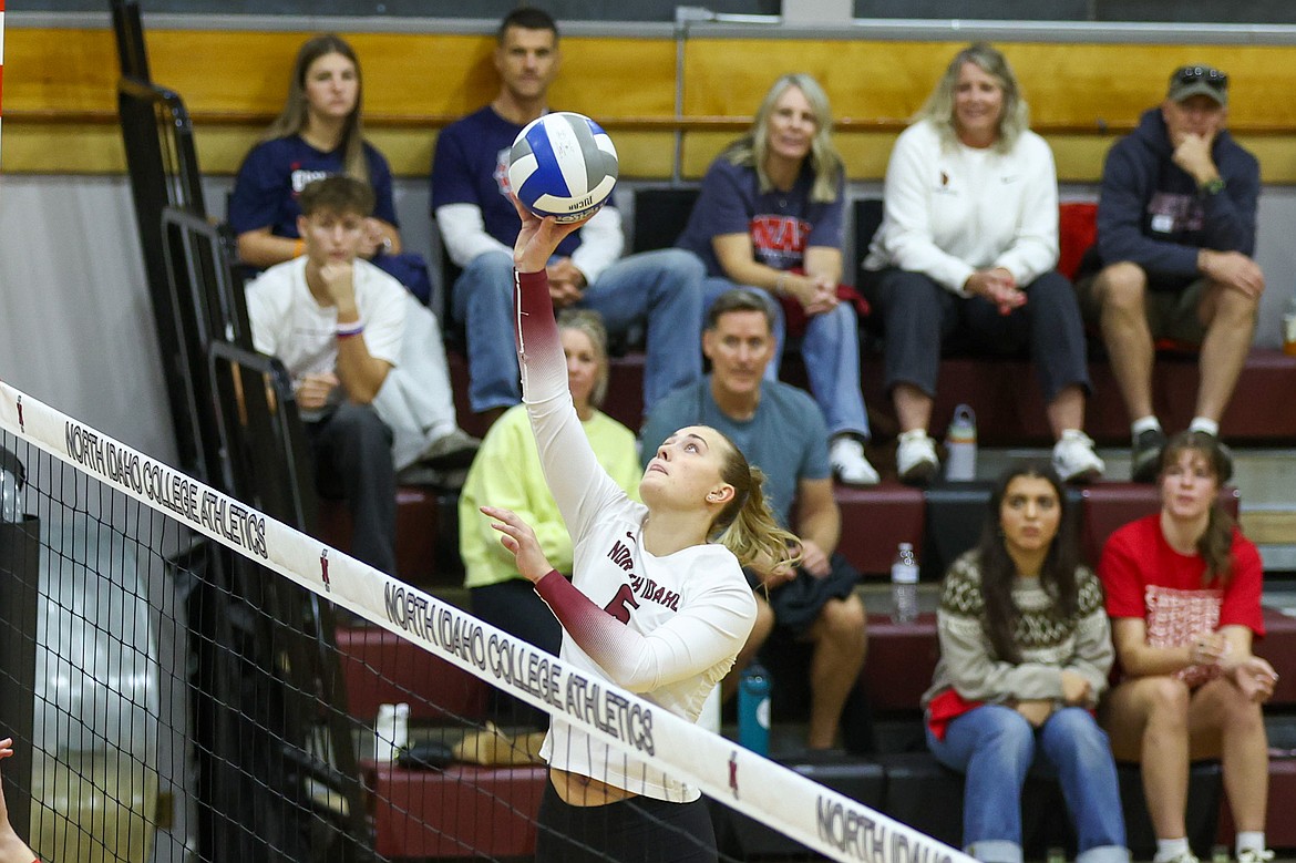 KYLE DISHAW PHOTOGRAPHY North Idaho College sophomore middle blocker Madilyn Harper jumps to return the ball during Saturday's Scenic West Athletic Conference match against Colorado Northwestern at Christianson Gymnasium.